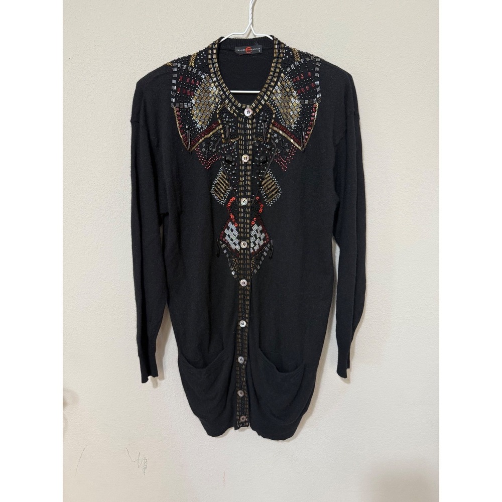 Beaded Black Wool/Angora Long Cardigan Size Small Pockets Button Shoulder Pads